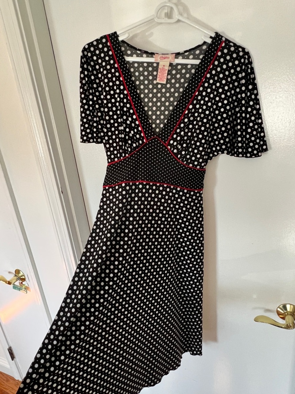 Candie's Black and White Polka Dot V-Neck Midi Dress with Red Trim